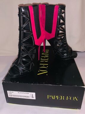 Paper Fox Black & Fuchsia Cutout Peep-Toe Stiletto Booties